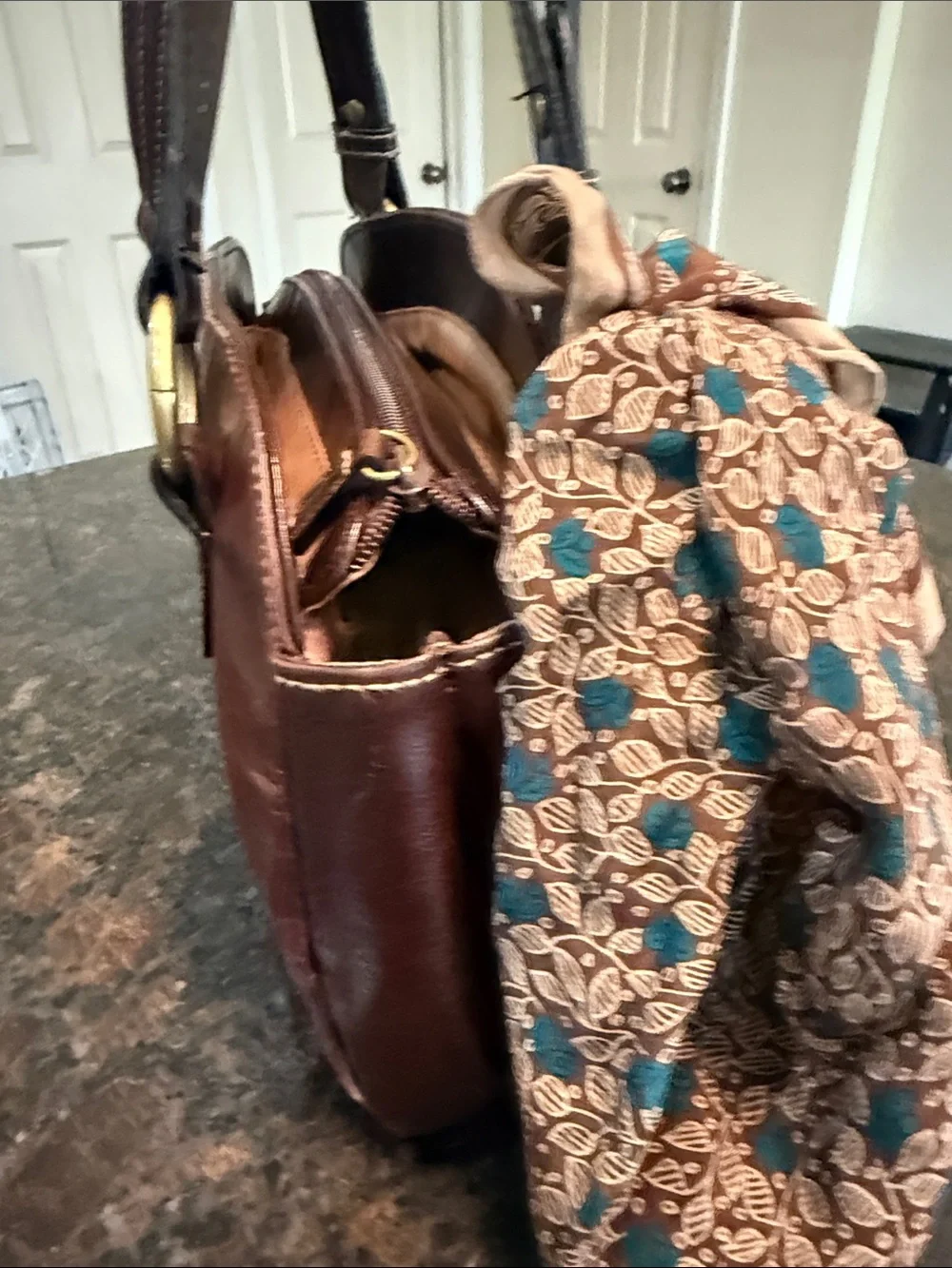 Vintage Apt. 9 Glossy Brown Dome Satchel Bag with Vintage Scarf Accent